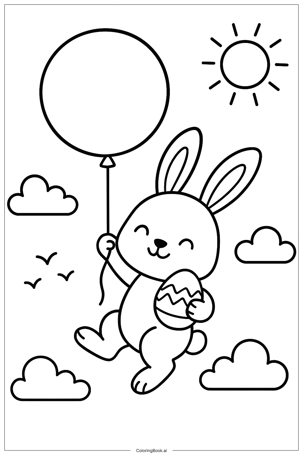 Easter Bunny Flying With A Balloon Coloring Page