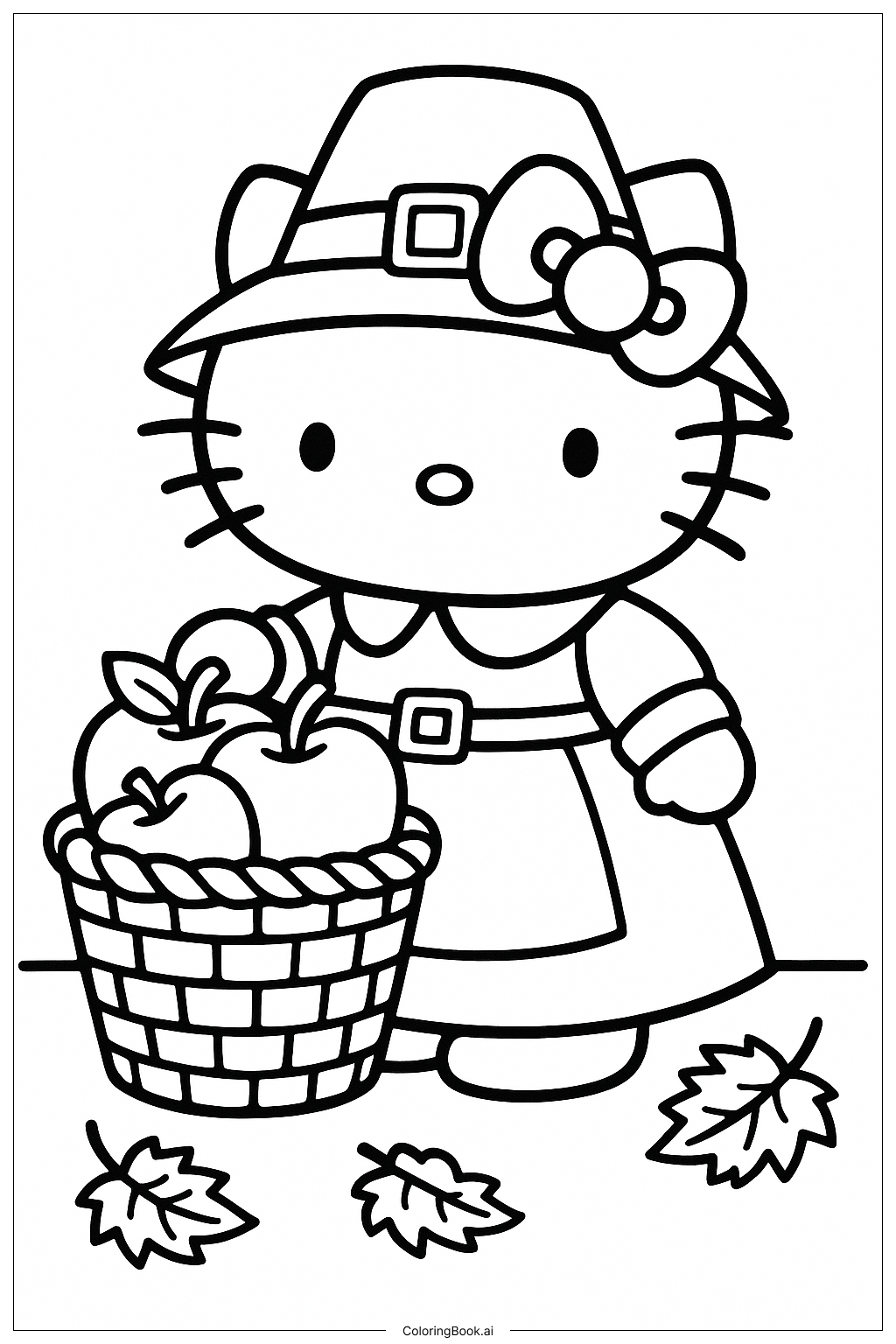  Hello Kitty Thanksgiving und ein Korb voller Äpfel Ausmalseite 