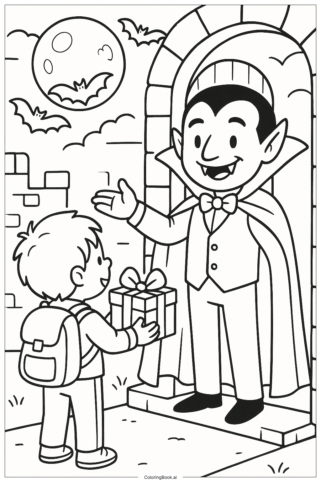 Página para colorir de Conde Vampiro Recebendo um Convidado