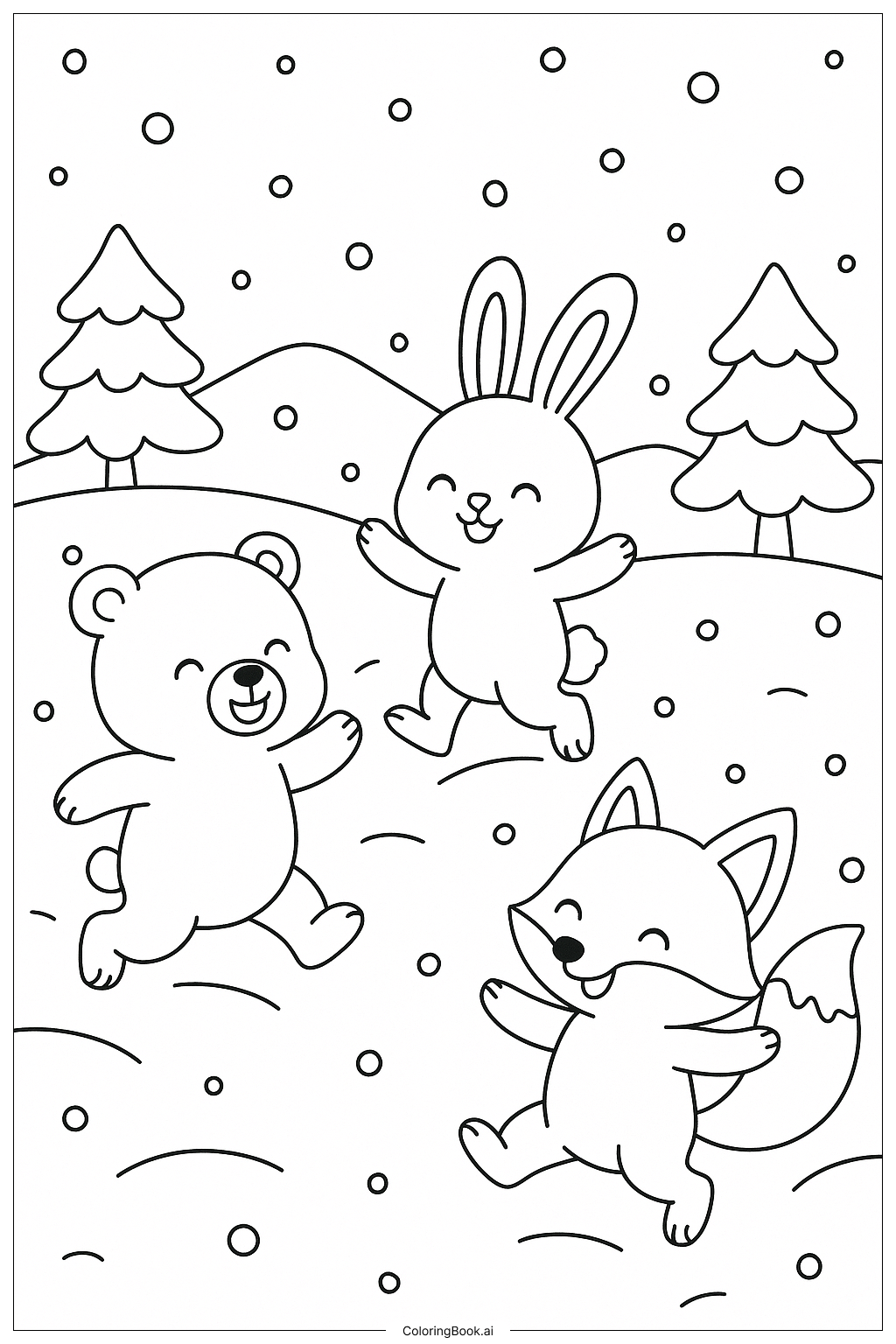  눈 오는 날 동물들 색칠공부 페이지 