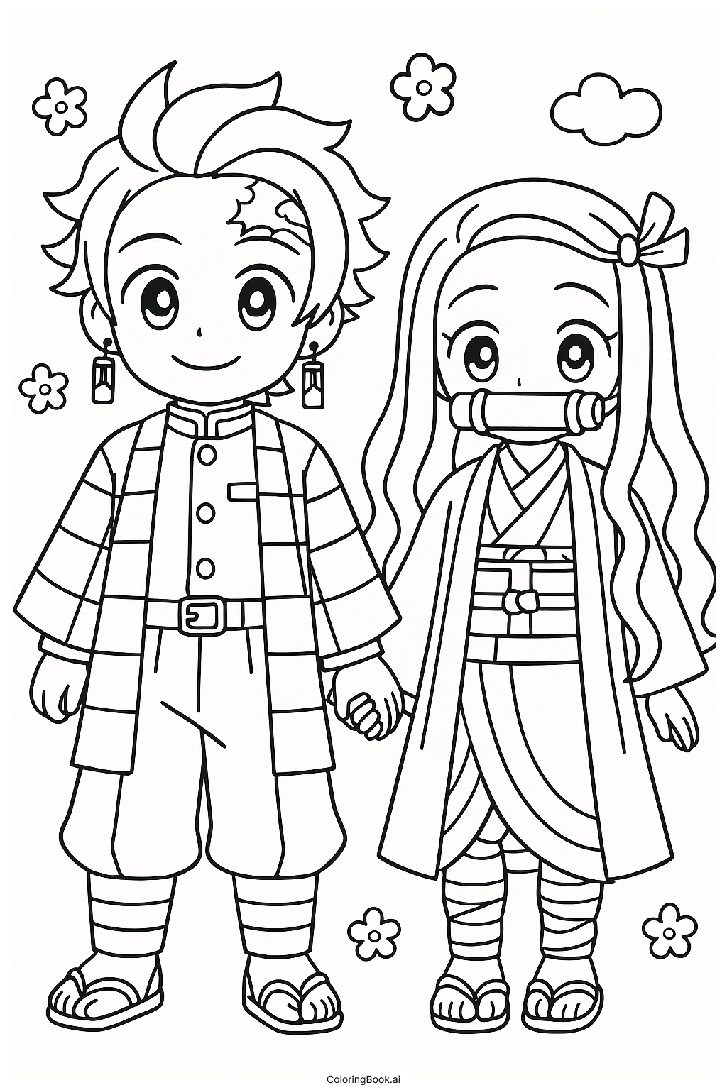  Página para colorear de Tanjiro y Nezuko tomados de la mano 