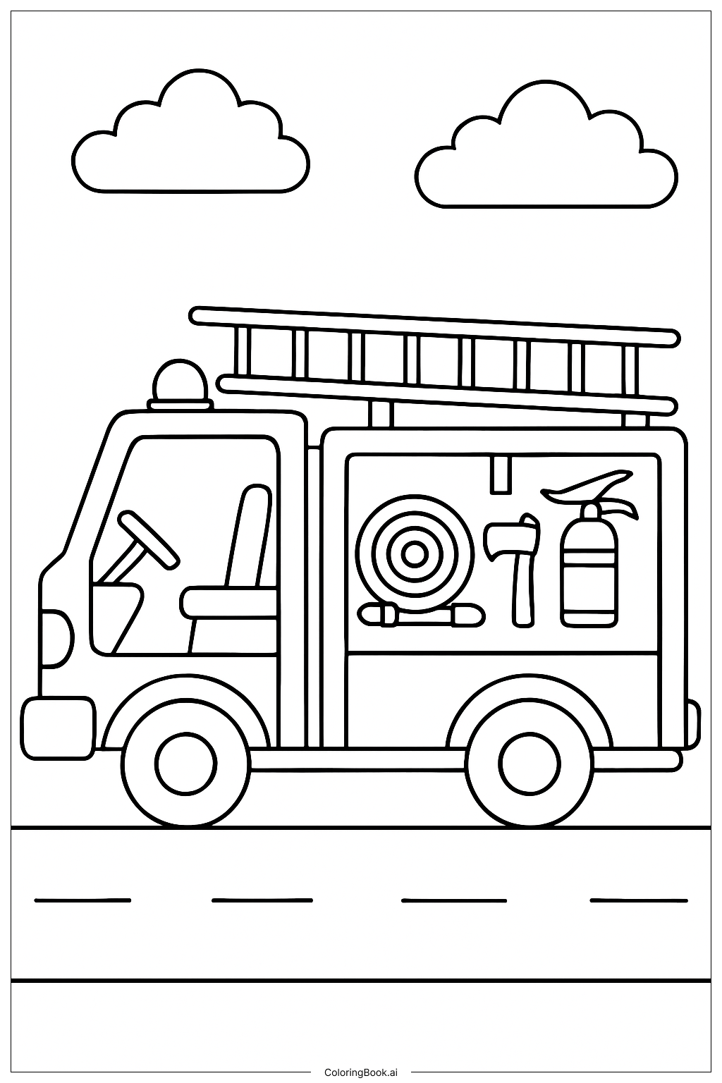  Page de coloriage Camion de pompier avec compartiments ouverts 
