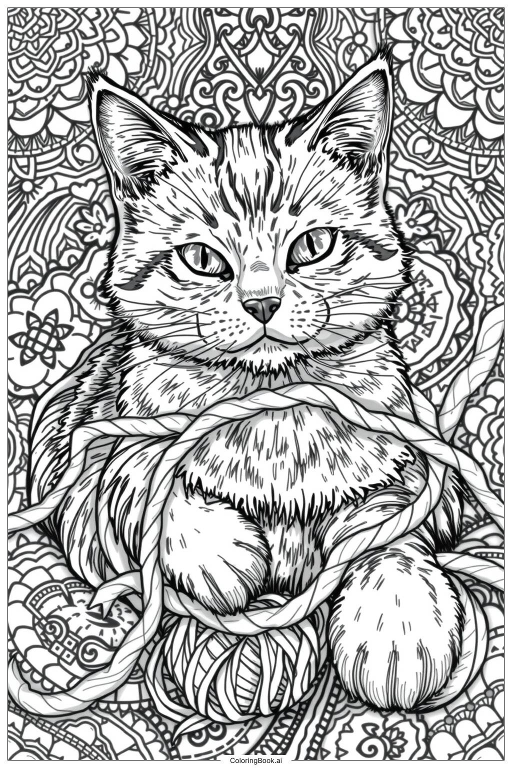  Page de coloriage Chat jouant avec de la laine 