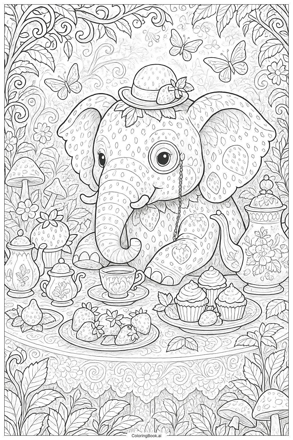  草莓大象的奇幻茶会填色页 