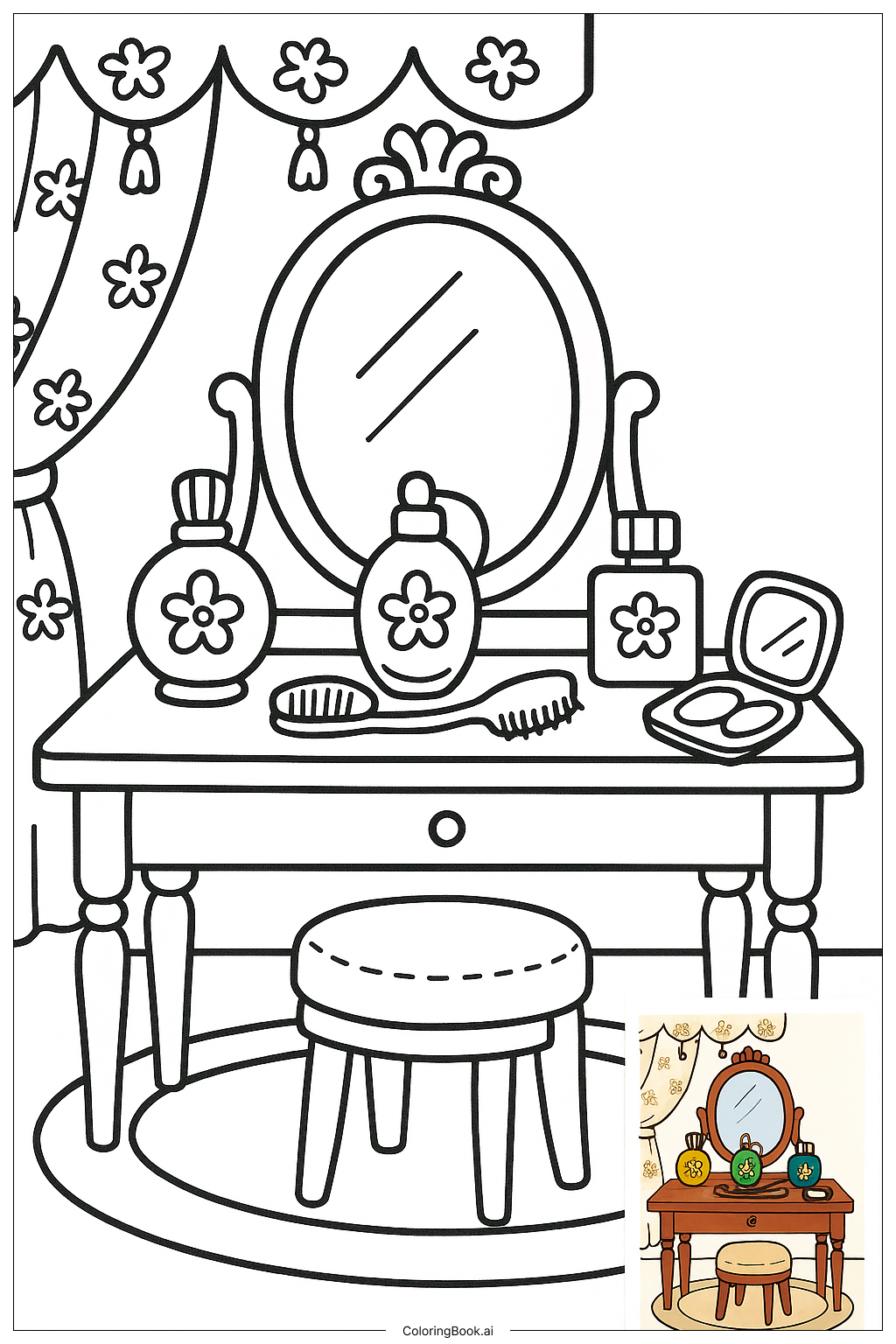  Página para colorear de Vanidad de Maquillaje con Botellas de Perfume Vintage 