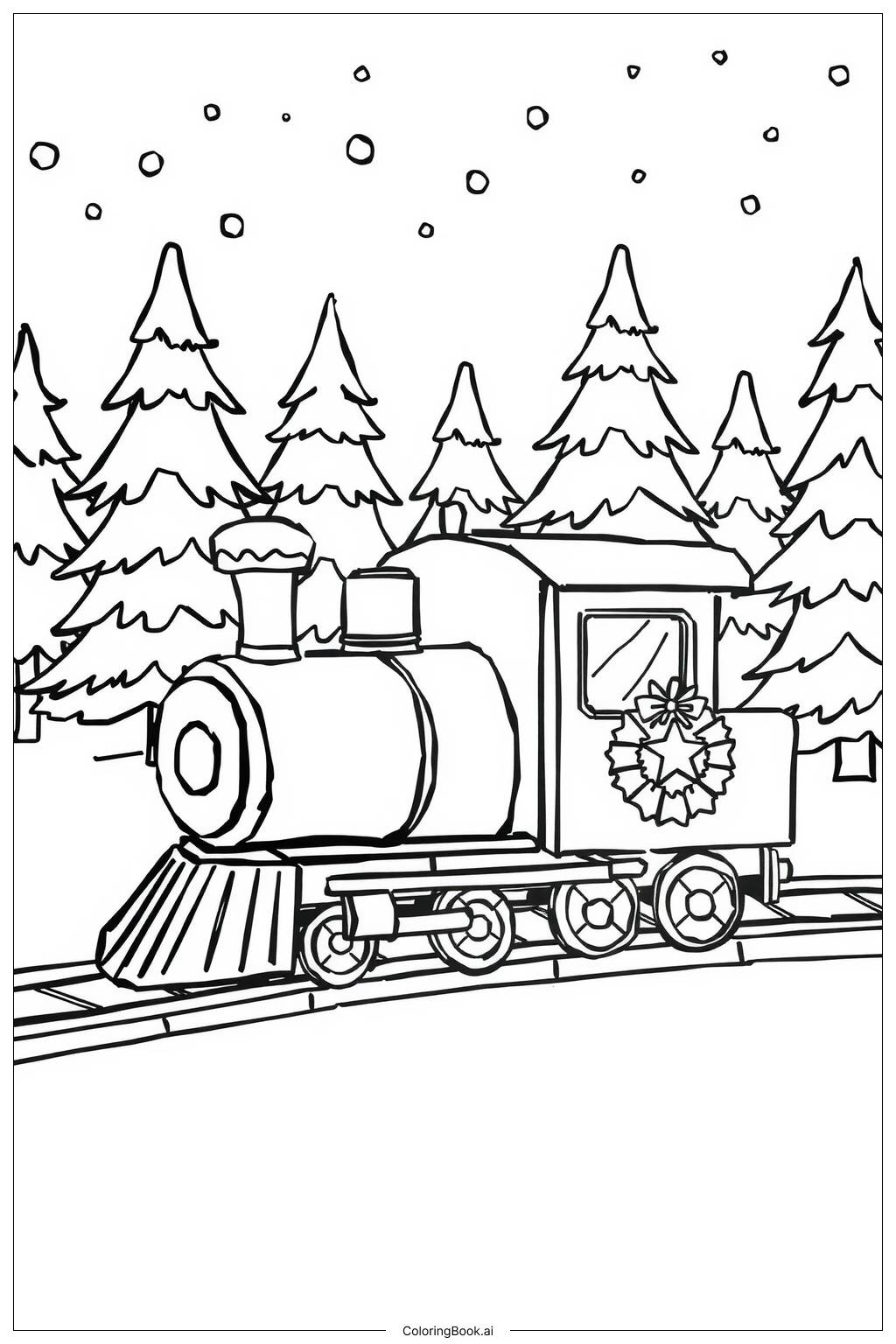  Página para colorir de trem de Natal viajando por uma floresta nevada 