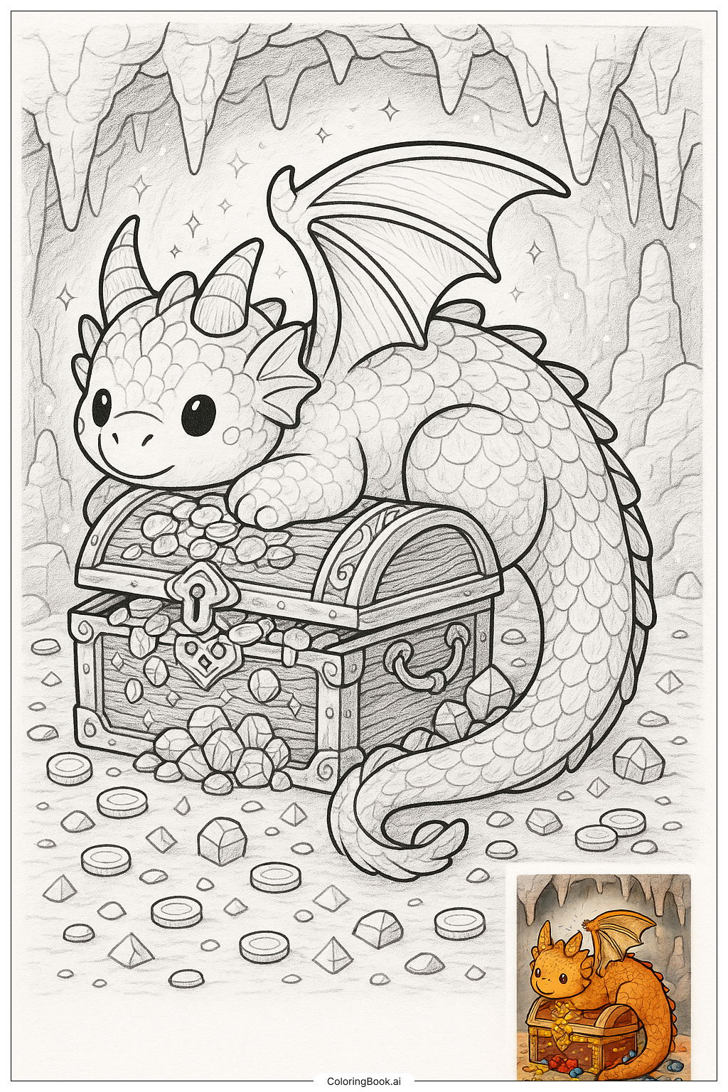 Squishmallow Drache, der einen Schatz bewacht Ausmalseite