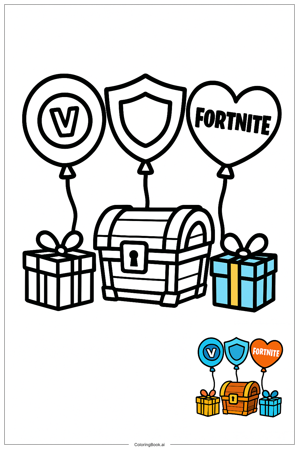  Fortnite Geburtstagsballons und Schatzkisten Ausmalseite 