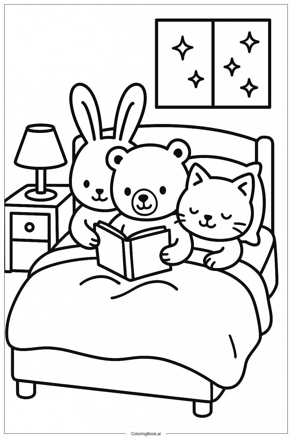 Cozy Friends Tucked In For A Bedtime Story Coloring Page