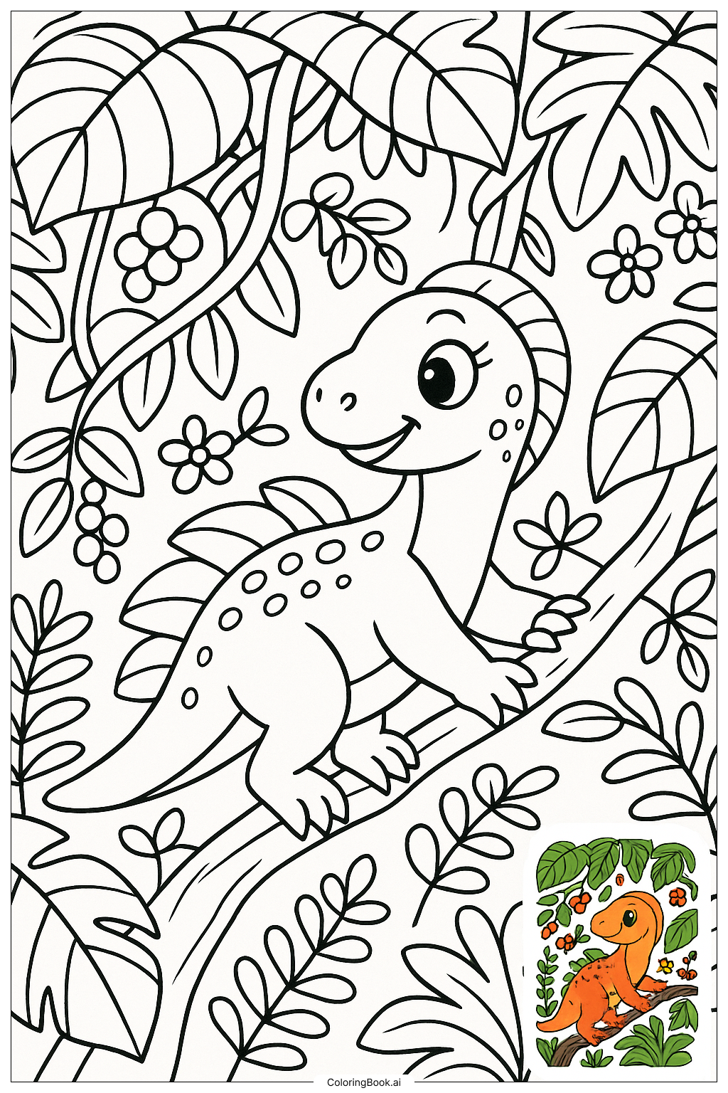  Page de coloriage Dinosaure Dans la Canopée de la Forêt Tropicale 