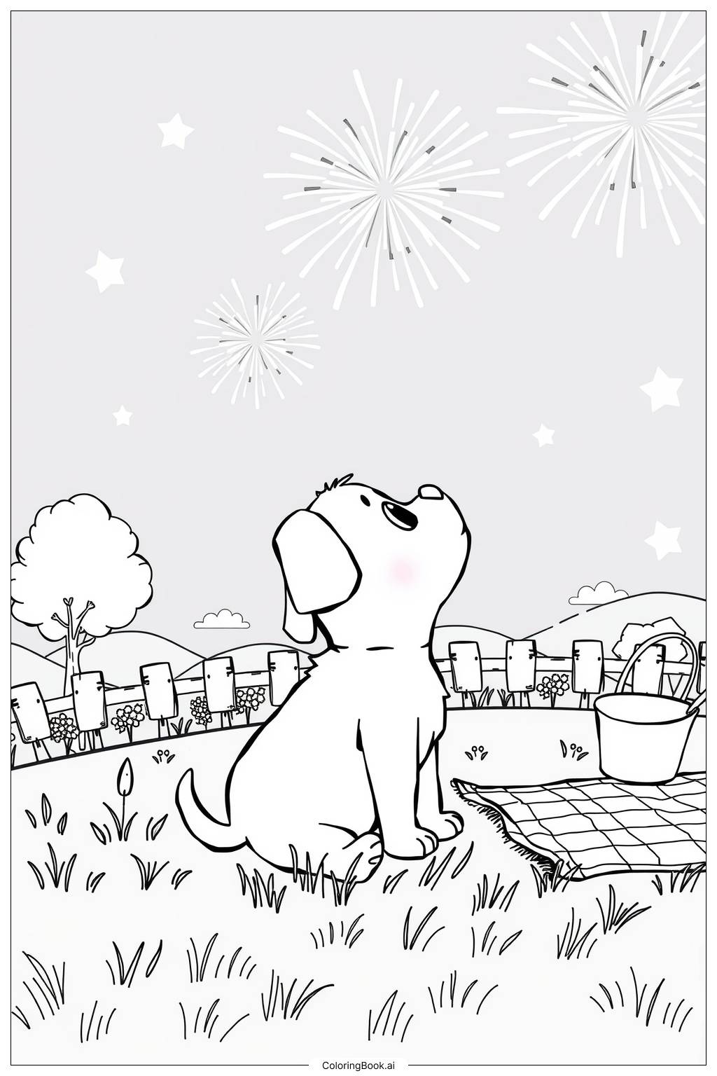  Página para colorir de Cachorrinho Assistindo Fogos de Artifício 