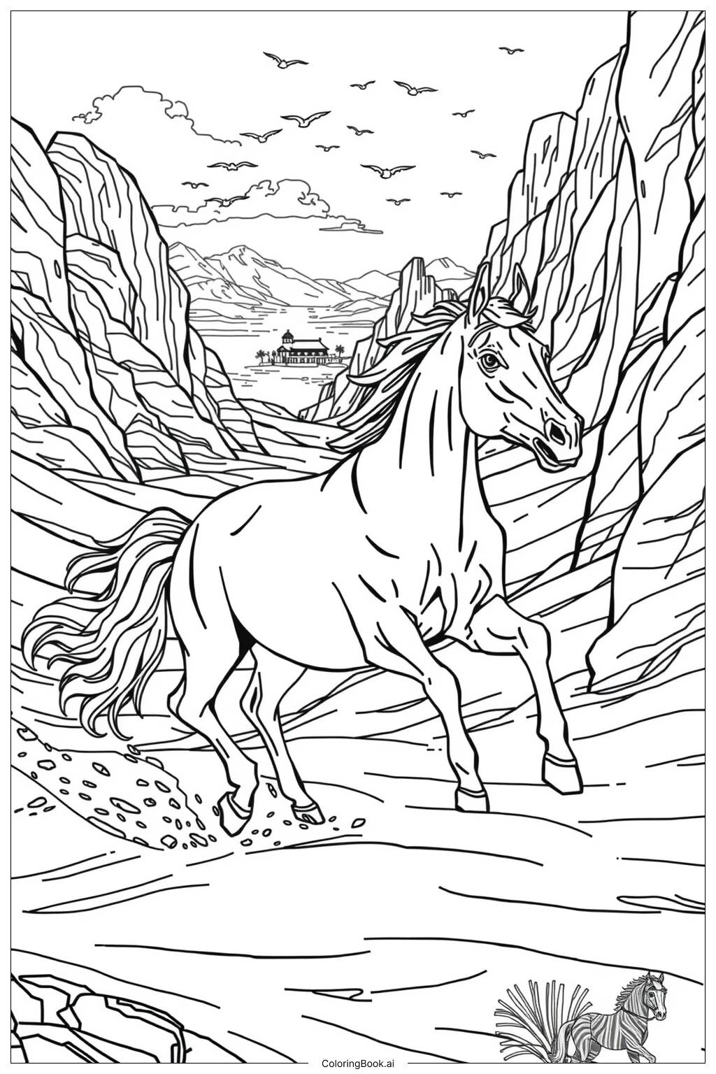  Page de coloriage Cheval de Trait Réaliste Tirant un Chariot-2 