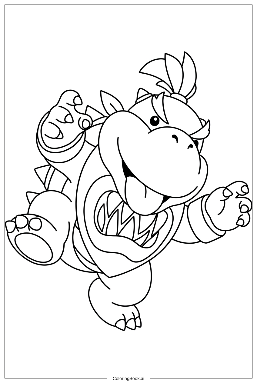 クッパJr.が遊び心たっぷりに跳びはね、舌を出しているの塗り絵ページ