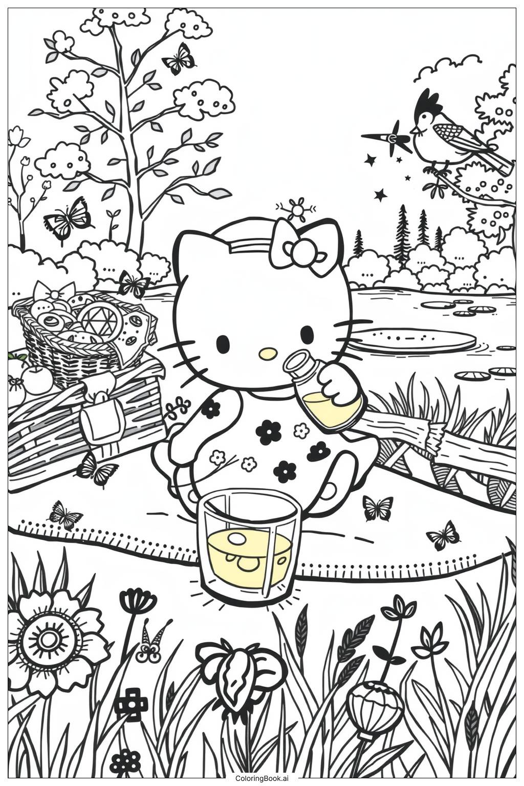  Página para colorir de hello kitty indo em um piquenique de verão 