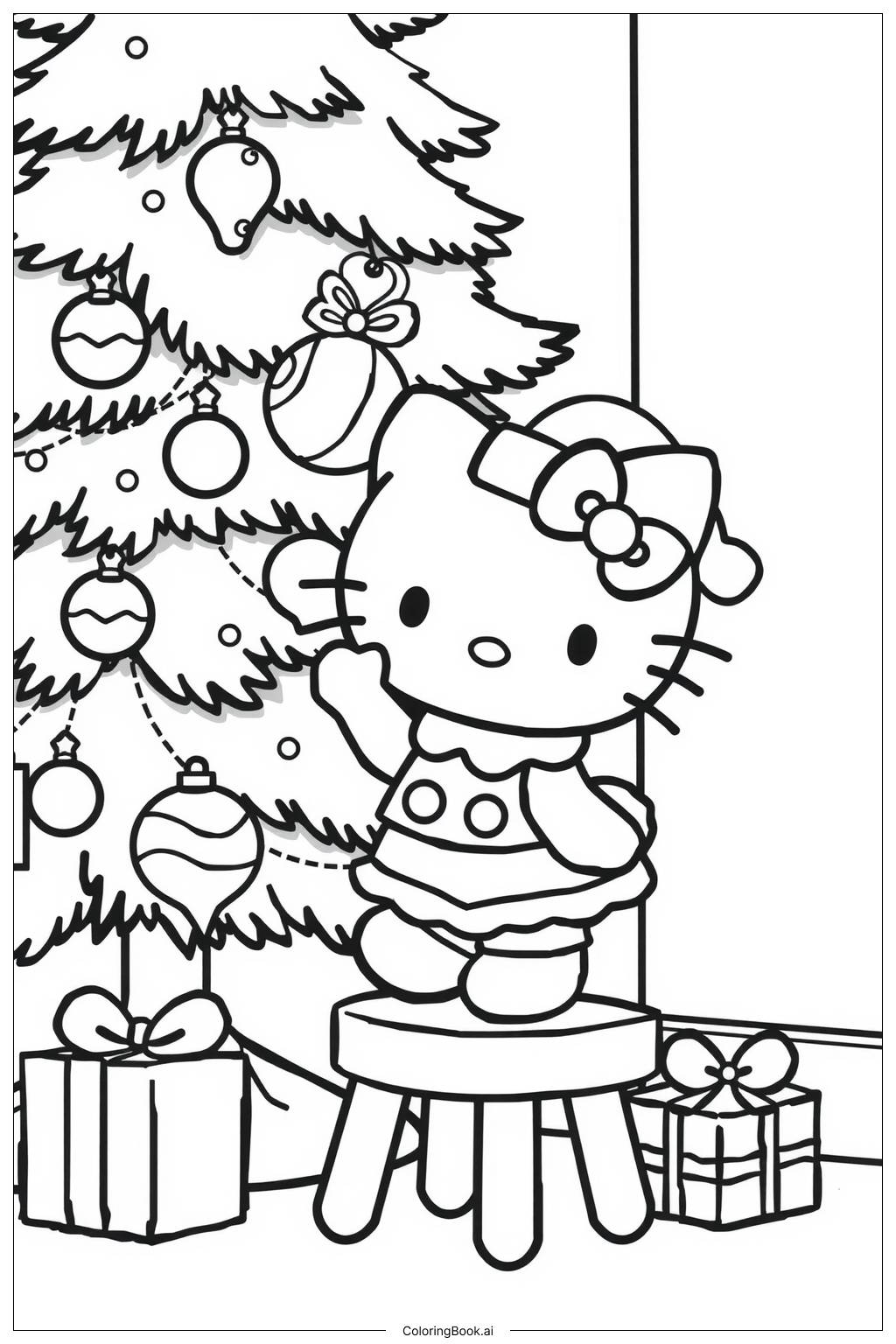  Hello Kitty schmückt einen Weihnachtsbaum Ausmalseite 