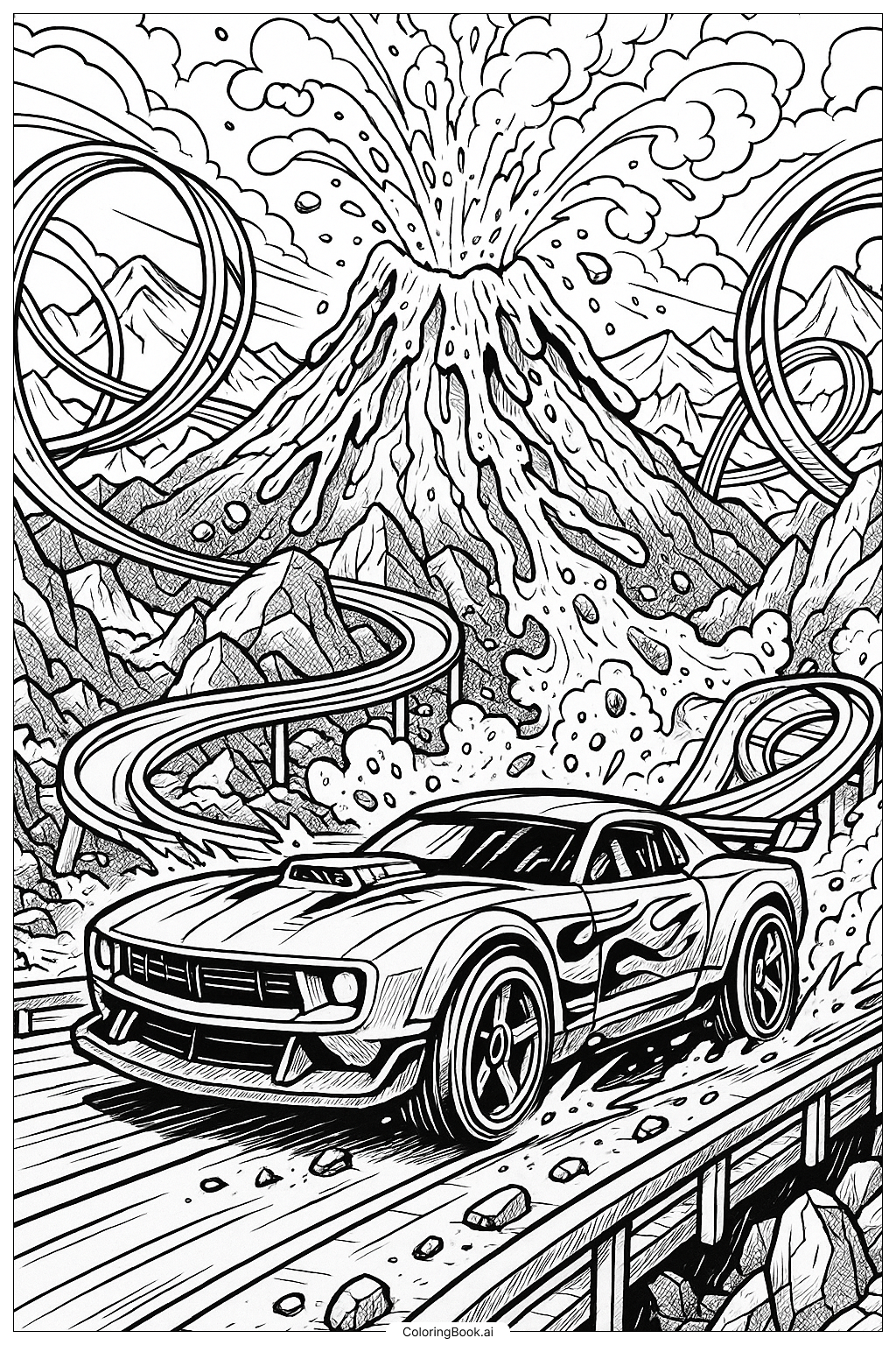  Hot Wheels Auto entkommt einem Vulkan Ausmalseite 