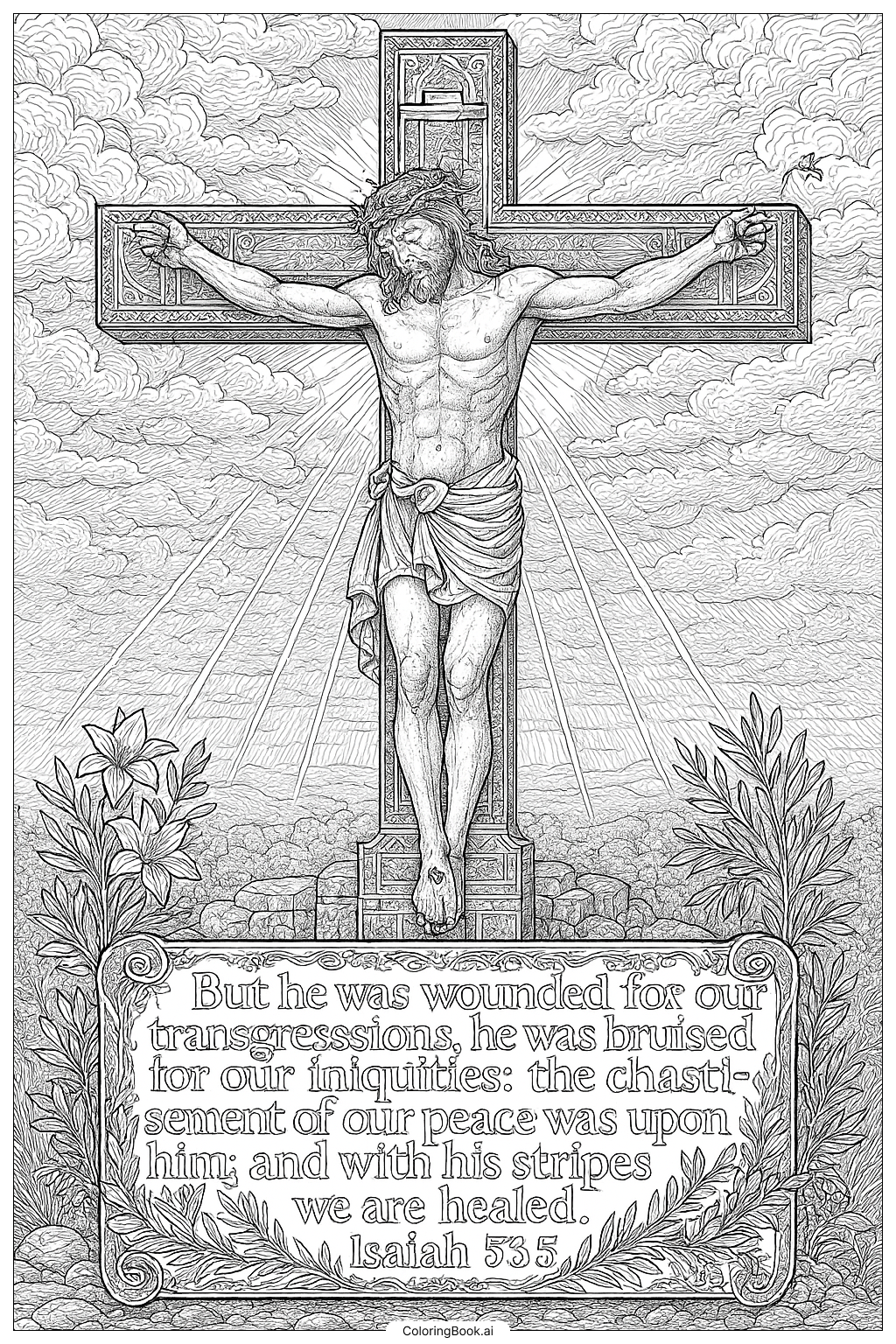  Página para colorir de Jesus na Cruz com Isaías 53_5 Abaixo 