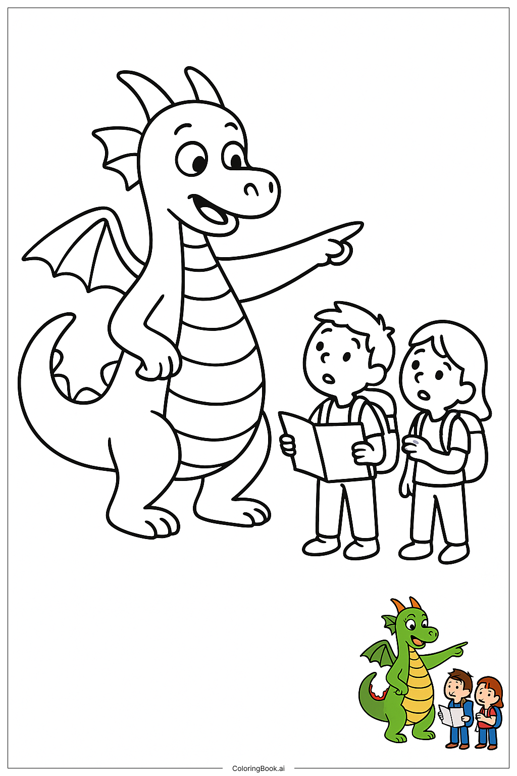 迷子の旅行者を導くドラゴンの塗り絵ページ 