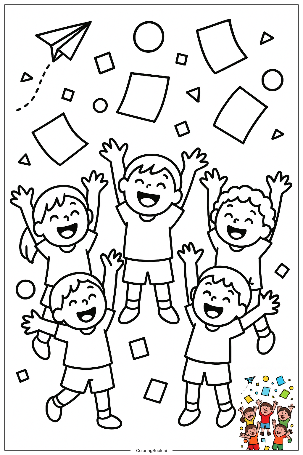  学校の最後の日、子供たちが紙を投げるの塗り絵ページ 