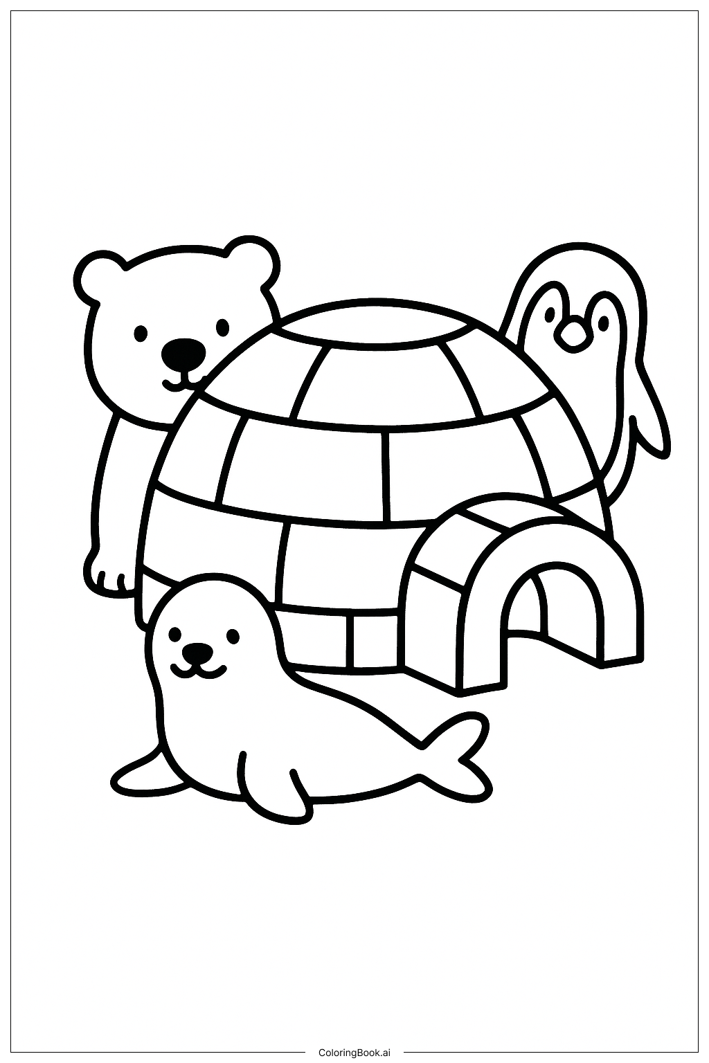 北極動物躲在簡單的冰屋裡著色頁