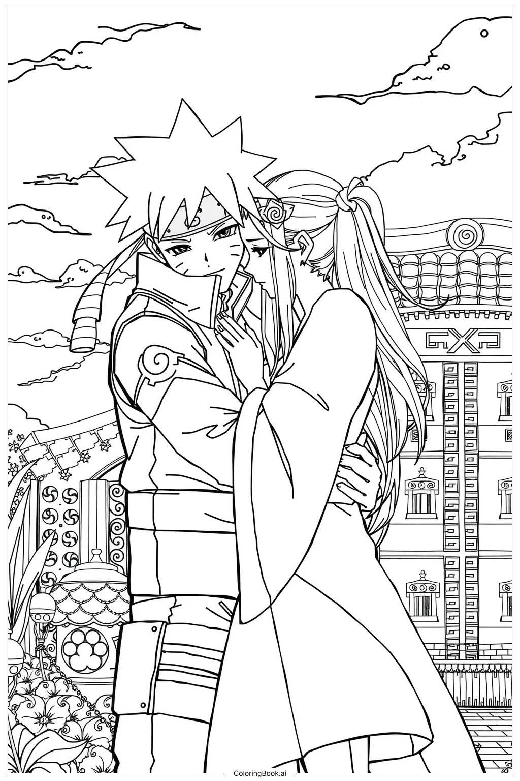  Página para colorir de Naruto e Hinata Compartilhando um Momento 