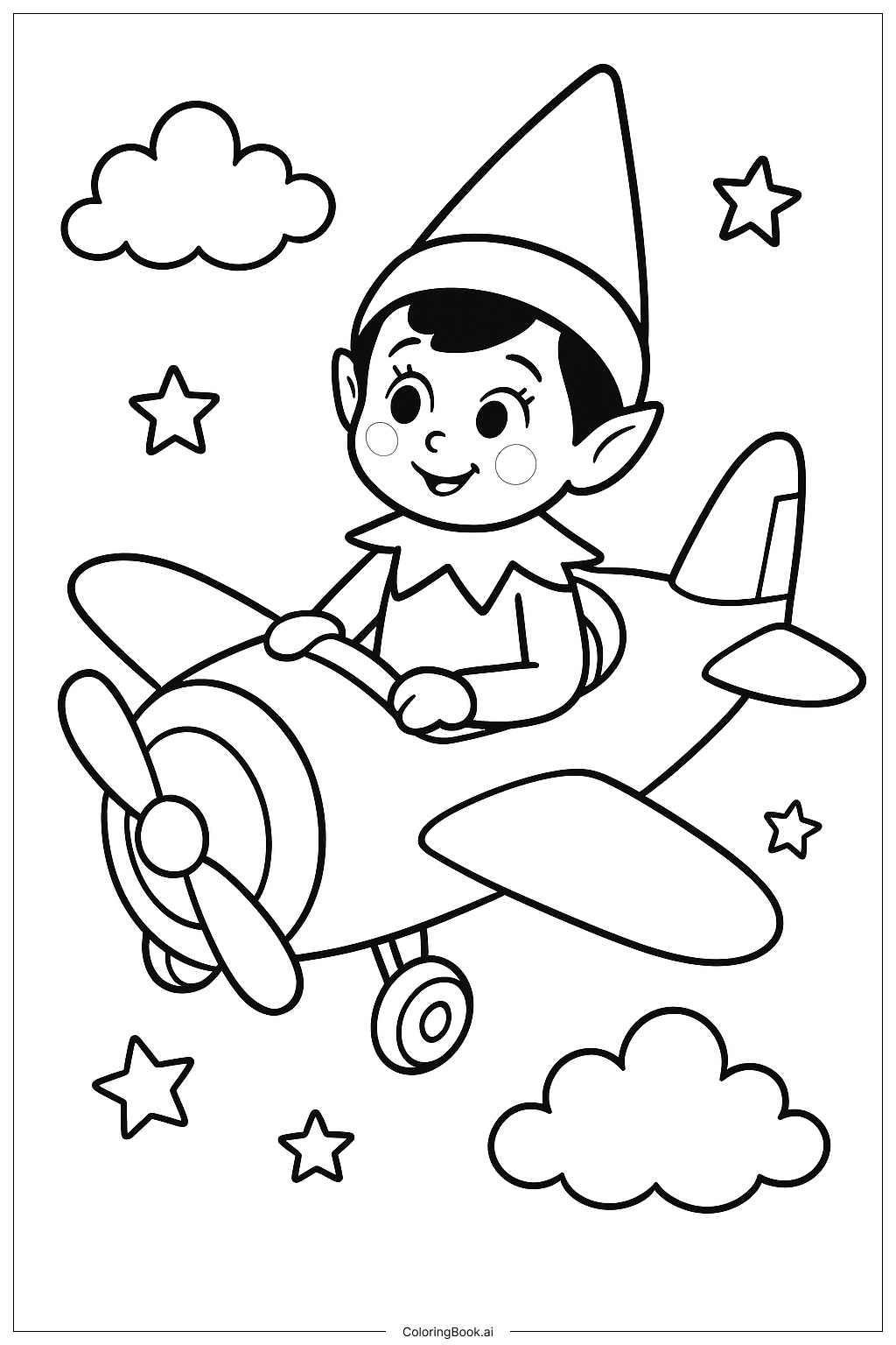  Página para colorir de Duende na Prateleira Voando um Avião de Brinquedo 