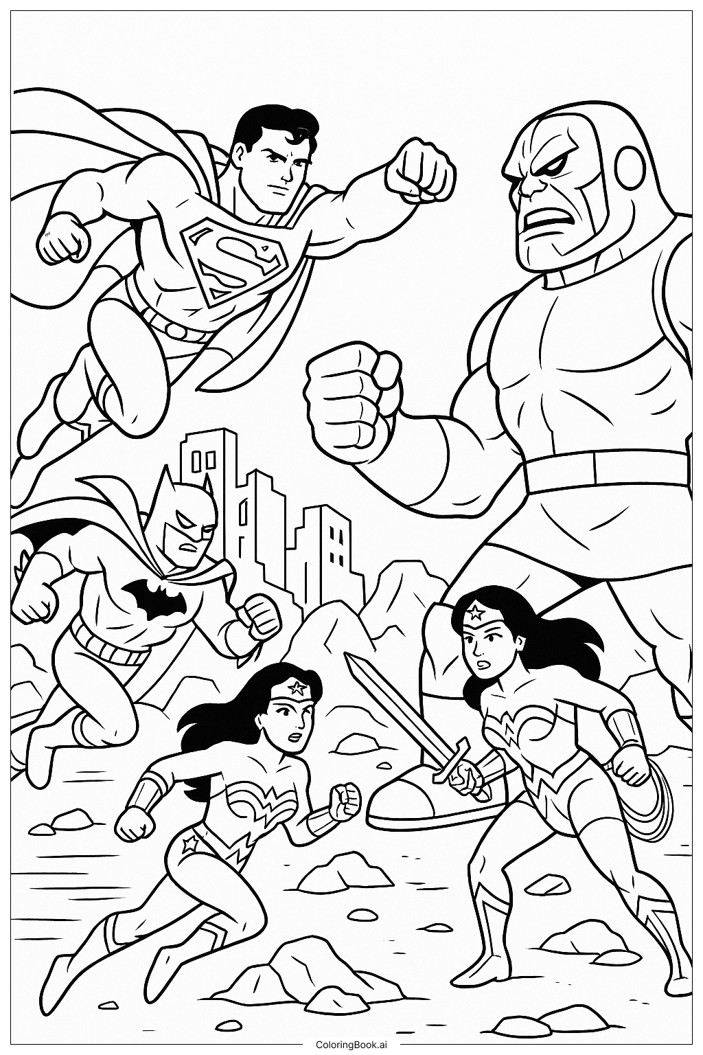  Página para colorear de La Liga de la Justicia lucha contra Darkseid con Superman 