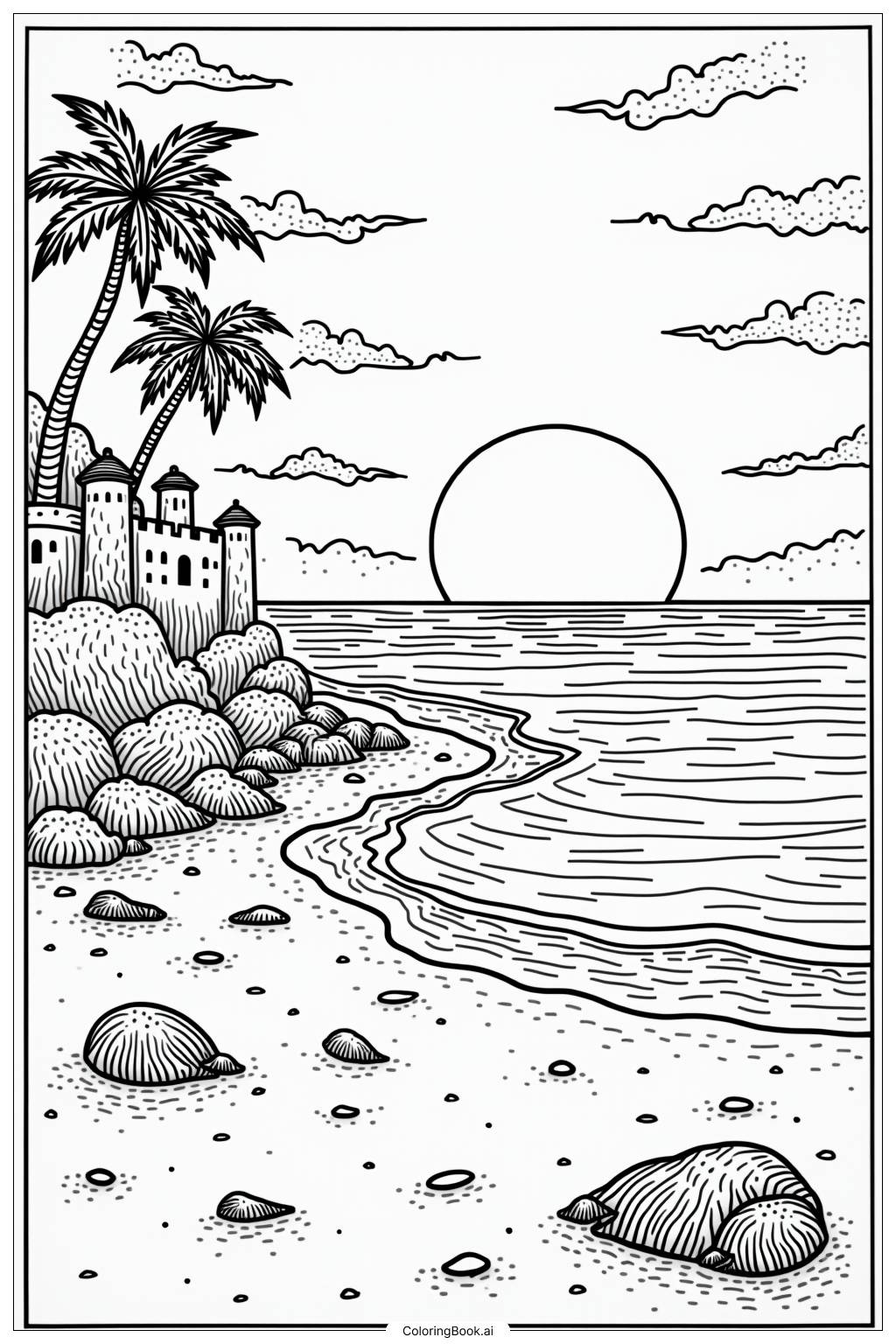  Page de coloriage Art de Château de Sable au Coucher de Soleil 