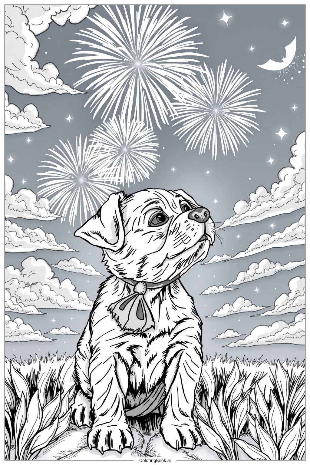  Página para colorir de Cachorrinho Assistindo Fogos de Artifício 