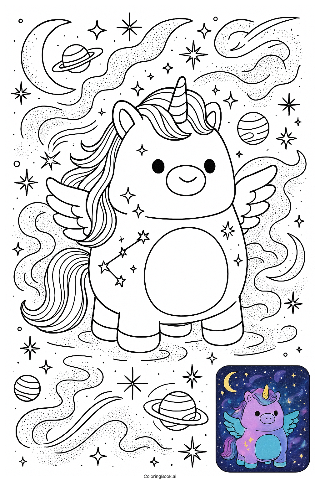  Página para colorear de Raro Squishmallow Unicornio en Fondo de Galaxia 