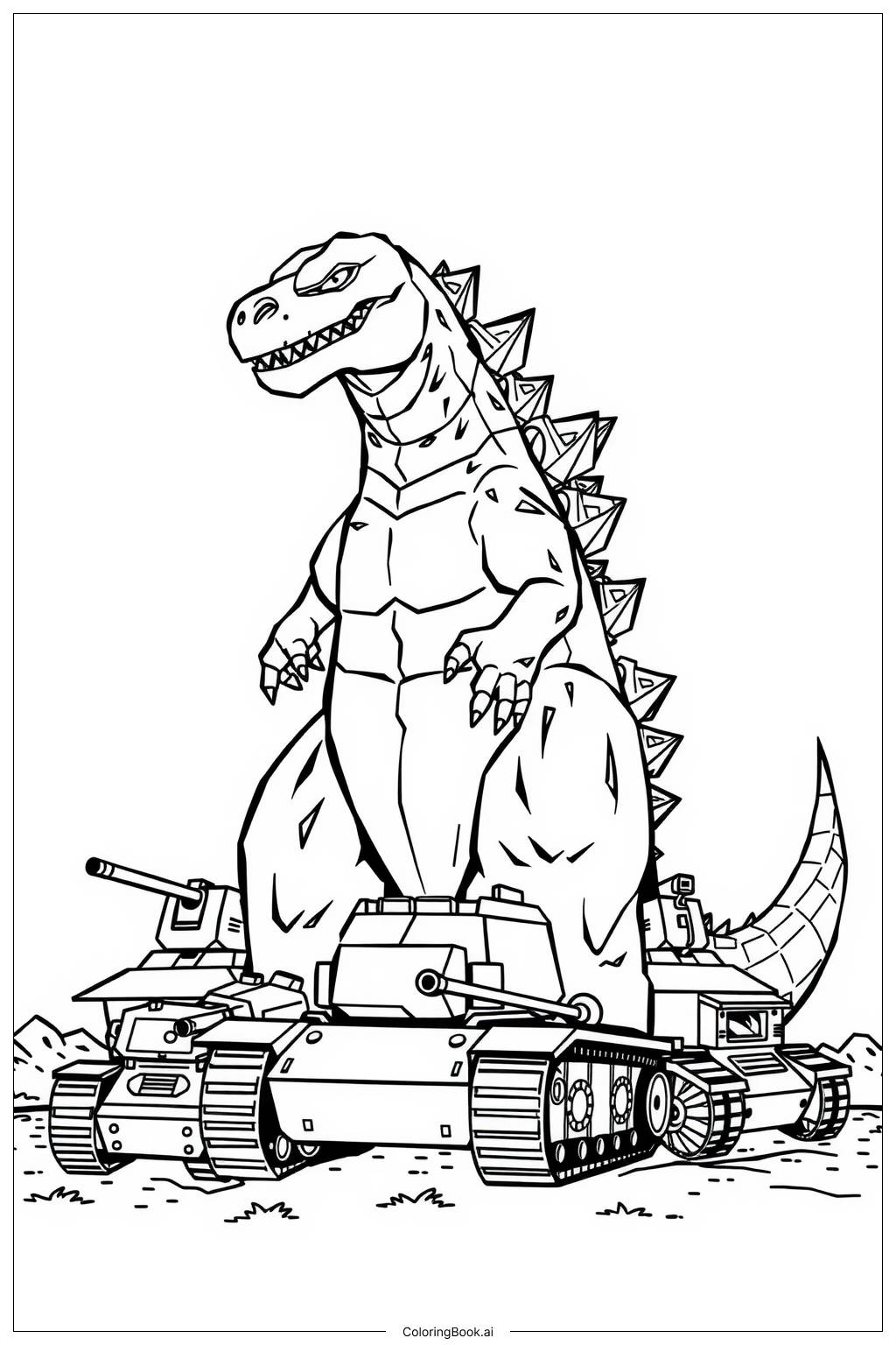  Página para colorear de godzilla vs tanques militares 