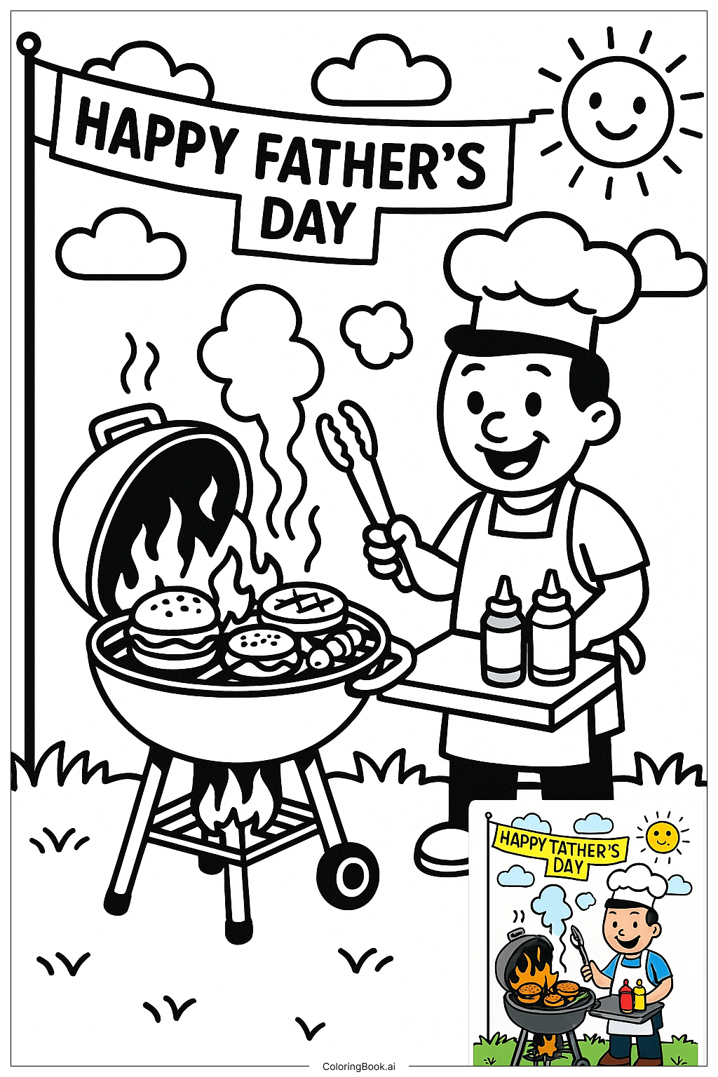  Página para colorir de Pai Grelhando Para o Dia dos Pais BBQ 