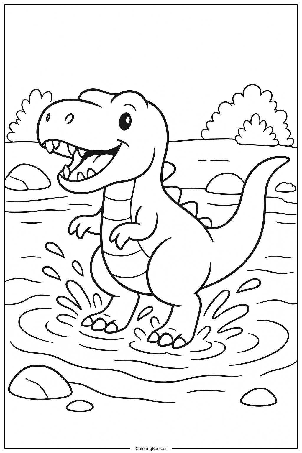 Página para colorear de T-Rex chapoteando en un río