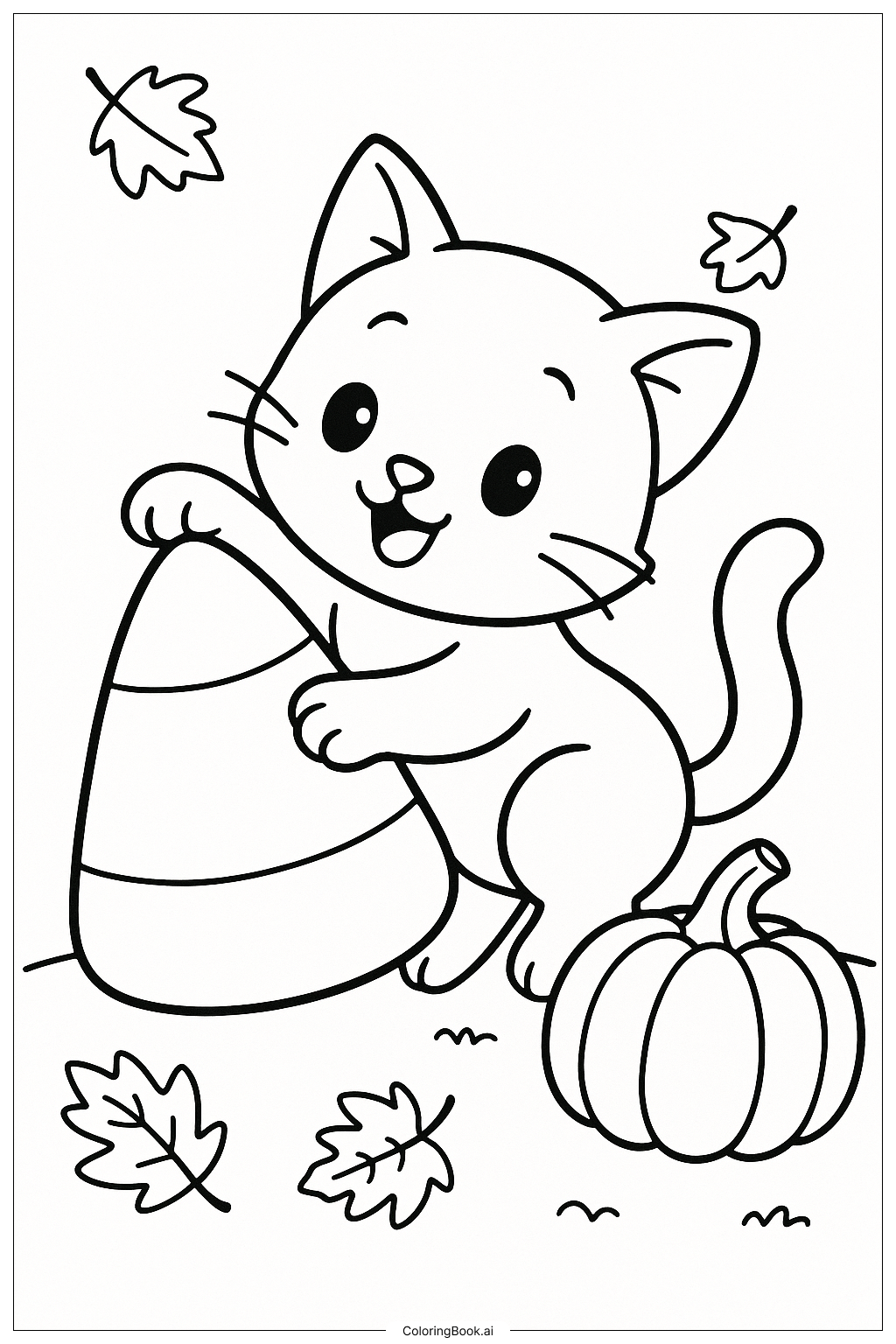  キャンディコーンで遊んでいる猫の塗り絵ページ 