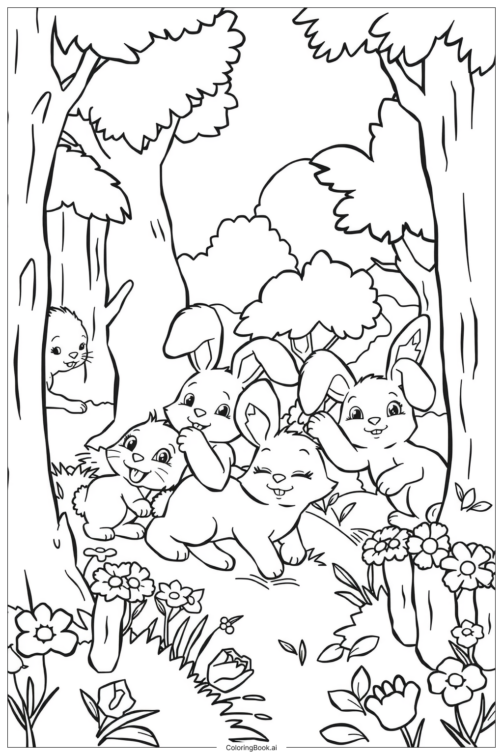 ウサギの森かくれんぼ 塗り絵ページ（無料のPDF＆PNGプリント）