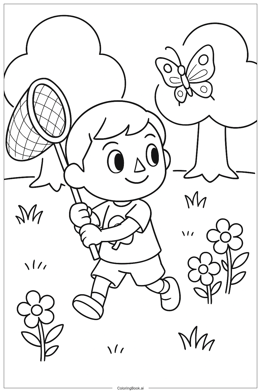  Ein Animal Crossing-Spieler, der mit einem Netz Insekten fängt Ausmalseite 