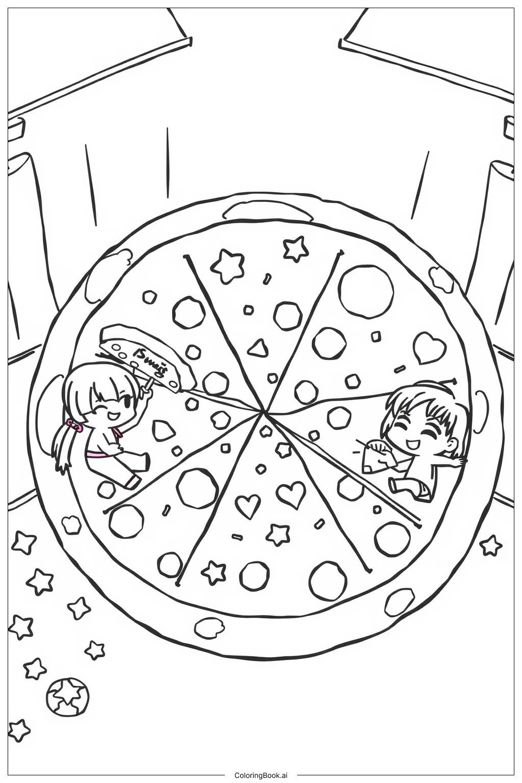  Kawaii Pizza Scene with Multiple Characters-2 Coloring Page 