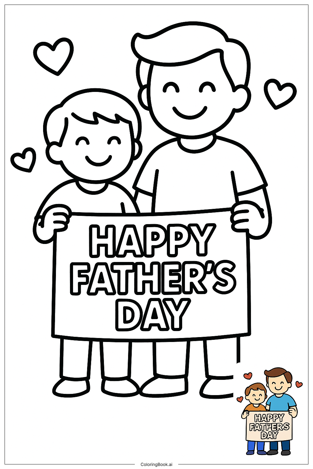  Página para colorir de Pai e Filho Segurando Faixa Feliz Dia dos Pais 