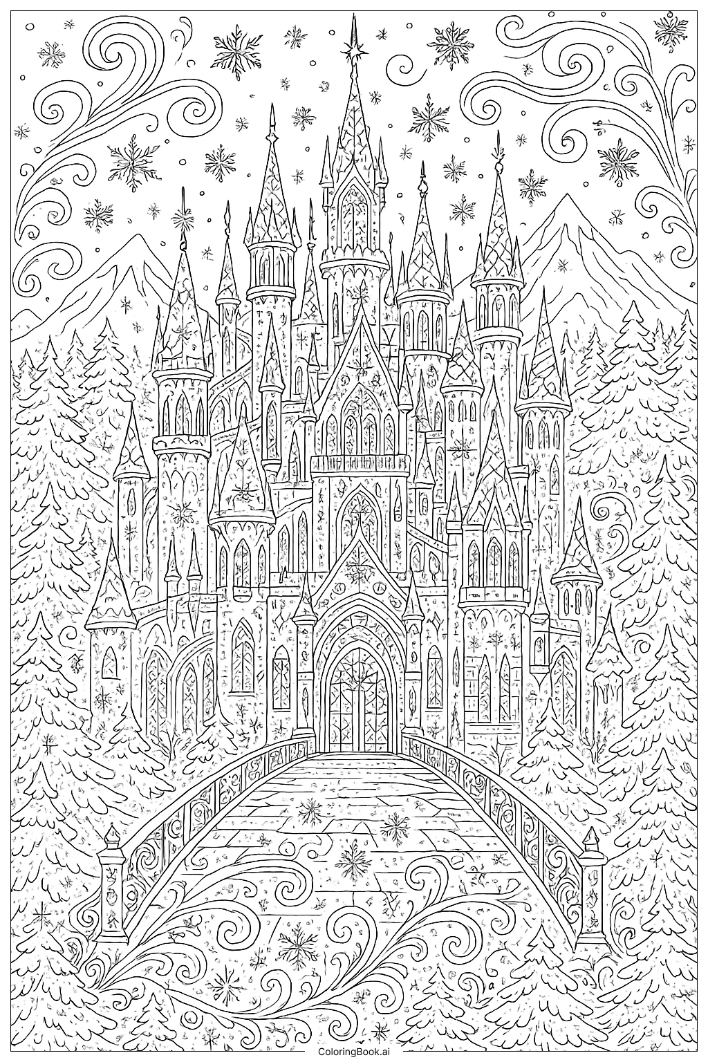 魔法の冬のワンダーランドの風景の塗り絵ページ 