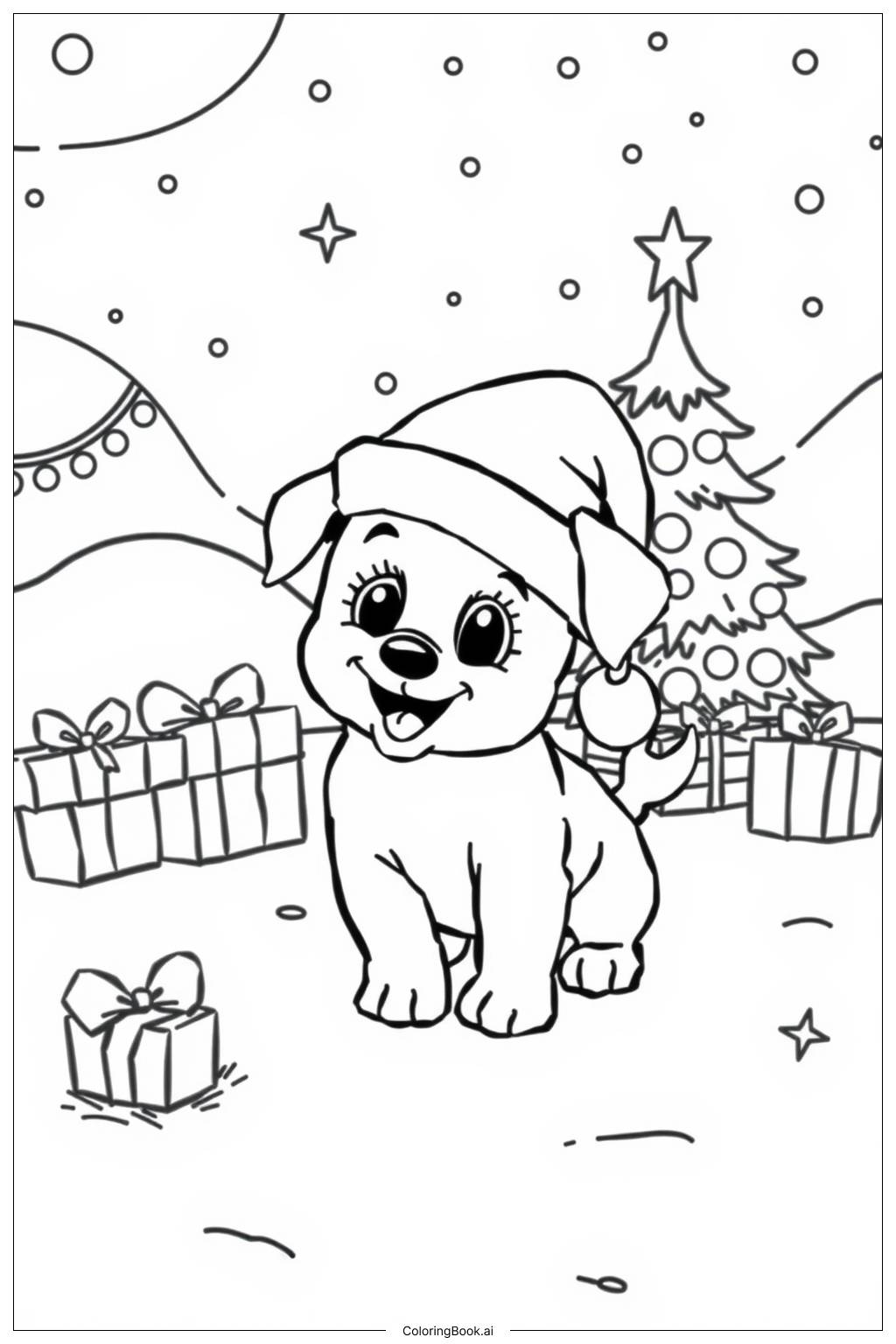  Page de coloriage Chiot de Noël mignon avec un chapeau de Père Noël 