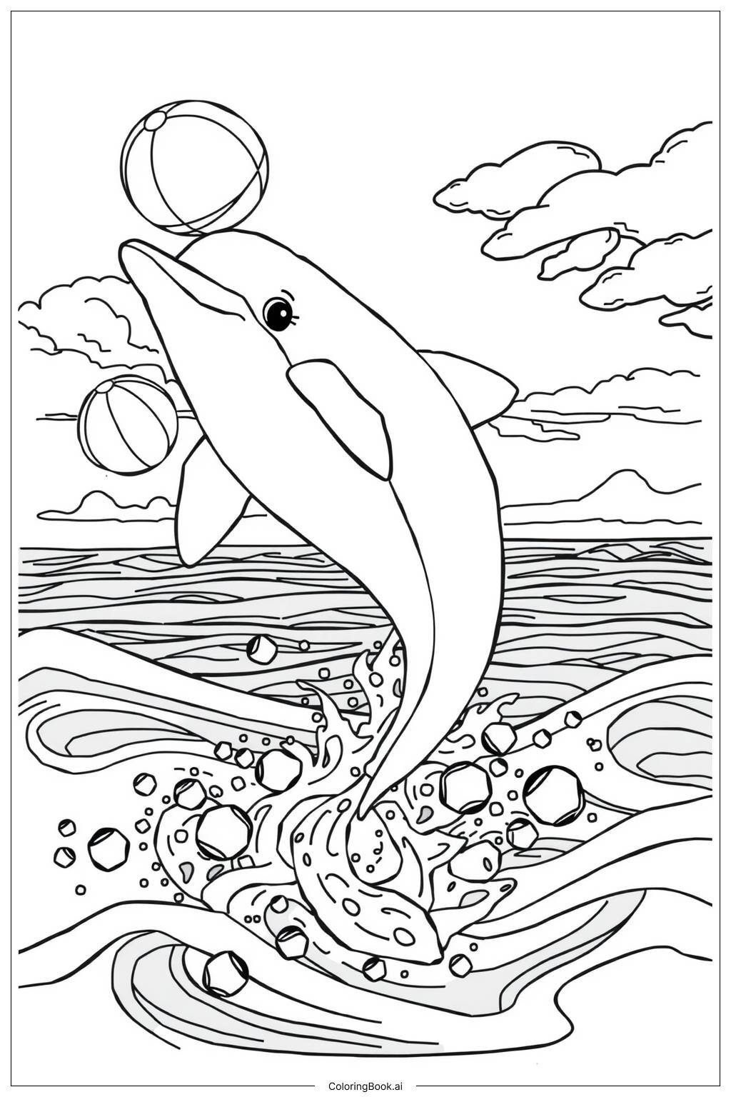  Page de coloriage Un dauphin jouant avec une balle de plage 