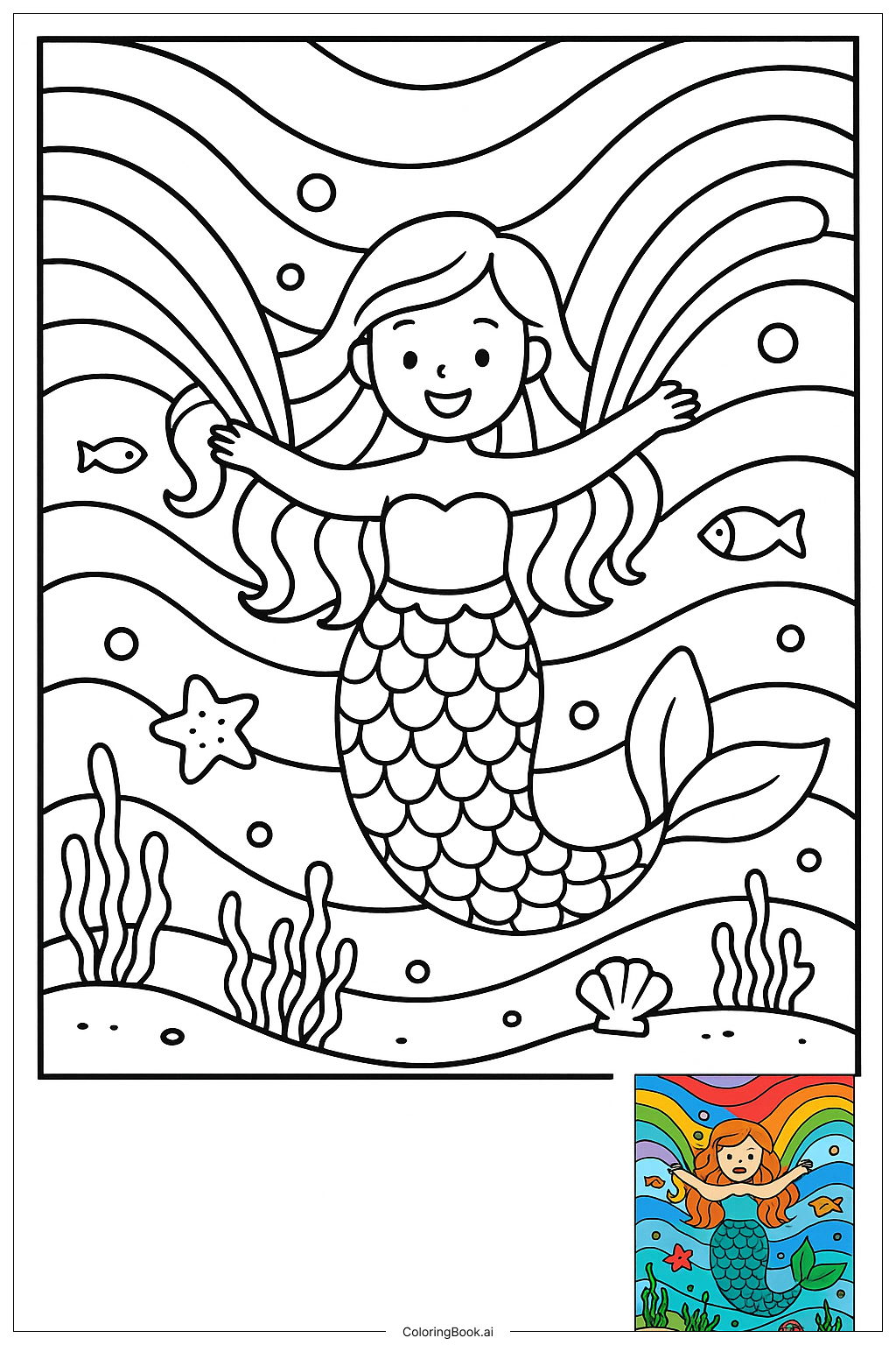  Rainbow Mermaid Spreading Colorful Waves Coloring Page 