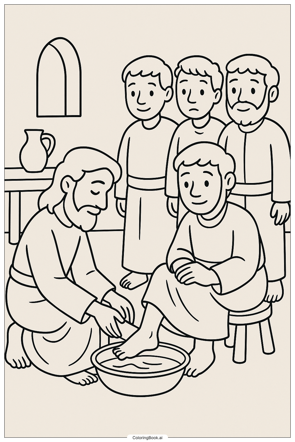  Página para colorear de Jesús Lavando los Pies a los Discípulos 