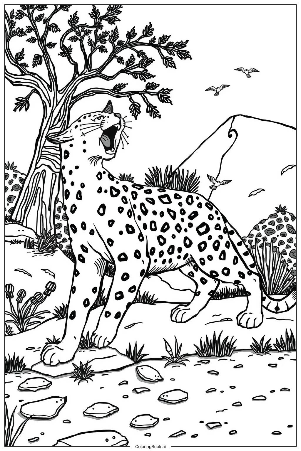  Page de coloriage étirement matinal du guépard 