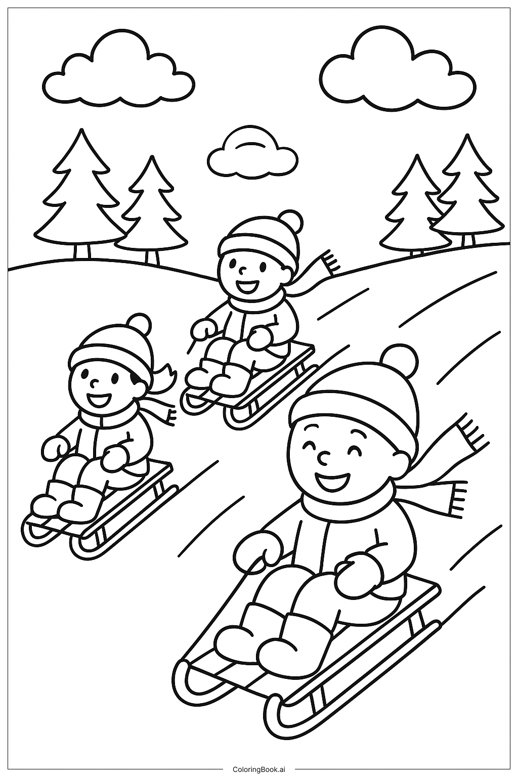  눈 내리는 날 썰매 언덕 색칠공부 페이지 