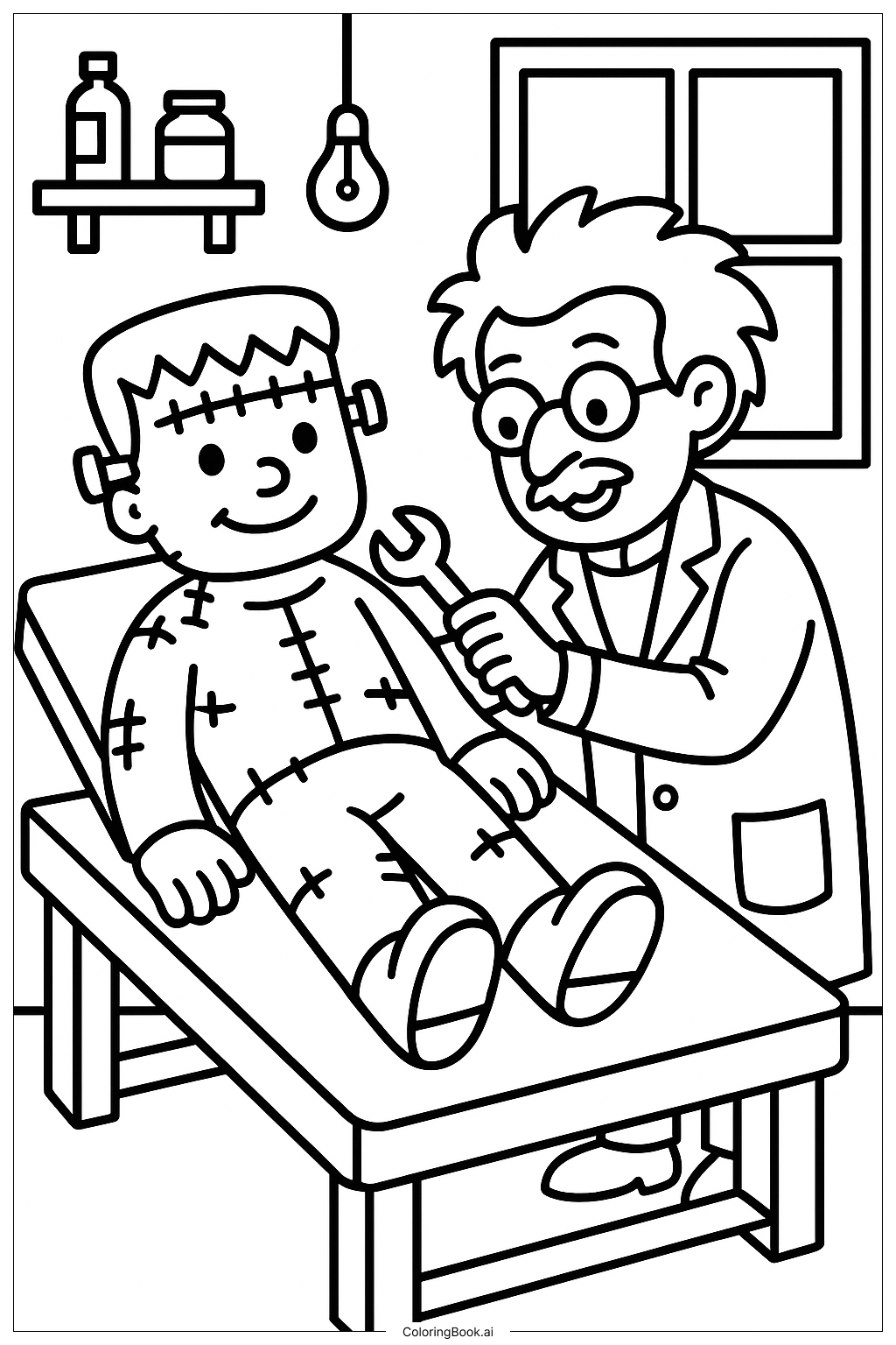  Dr. Frankenstein erschafft sein Monster Ausmalseite 