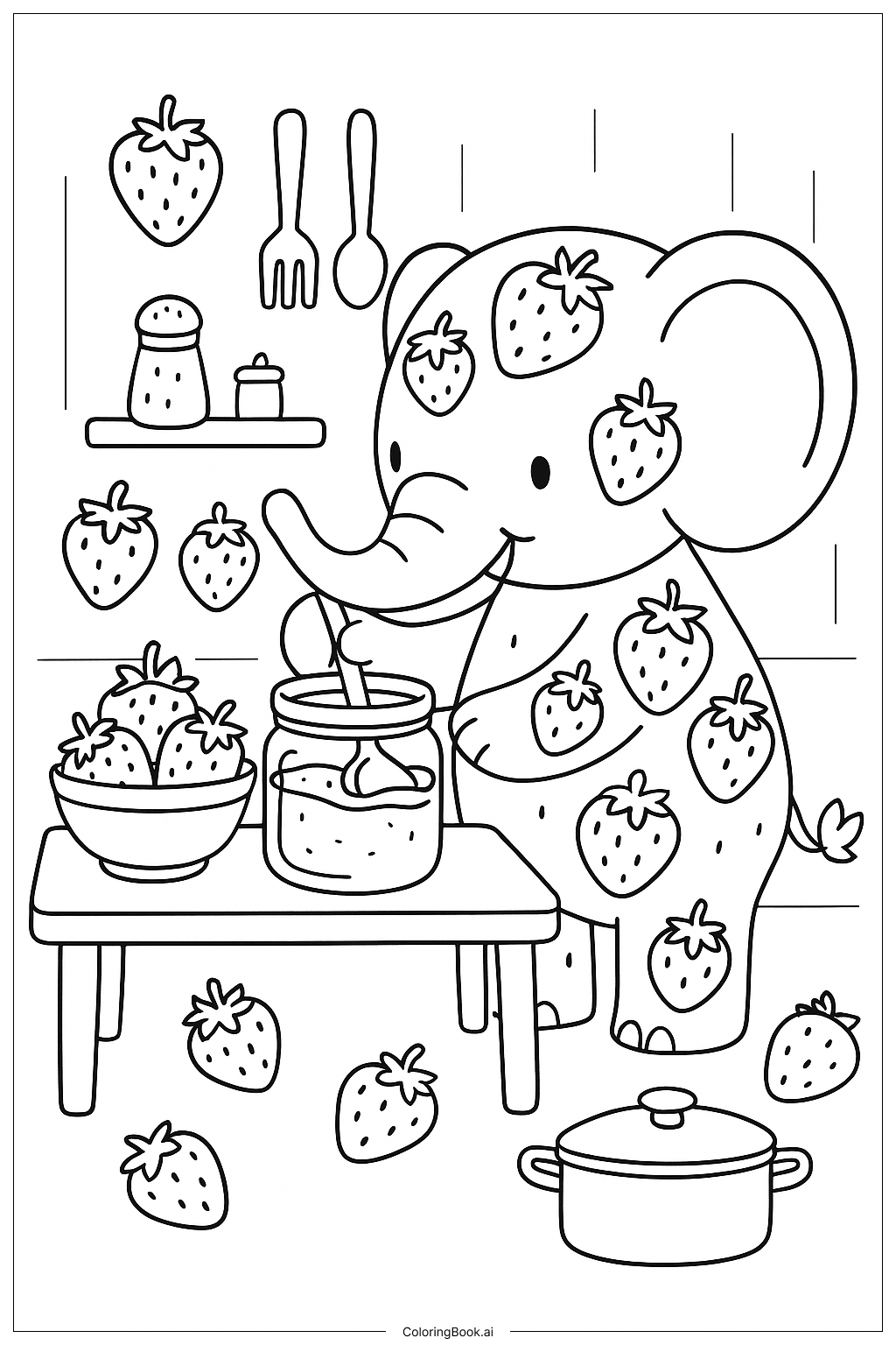  草莓大象制作草莓酱填色页 