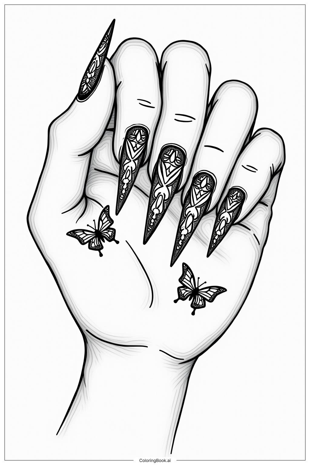  Long Nails with Butterfly Motifs Coloring Page 