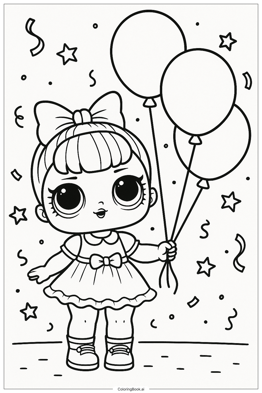 Página para colorir de Boneca Lol com Três Balões