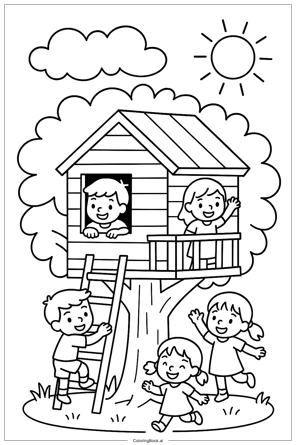 Kids Playing in a Tree House Coloring Page